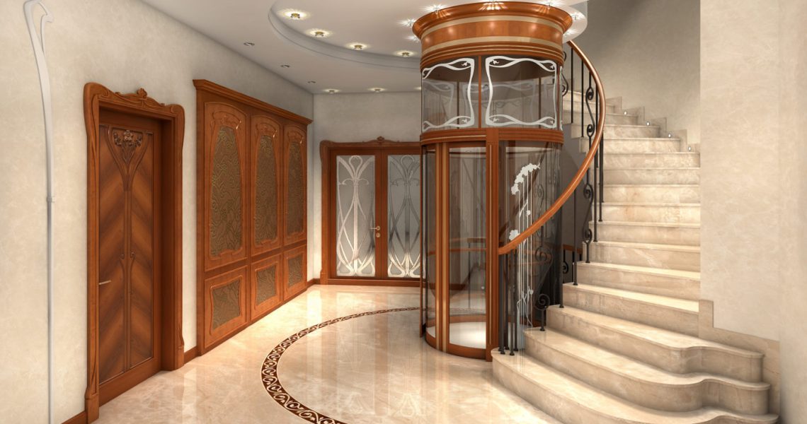 Elegant interior hallway featuring a marble staircase with ornate wooden doors.