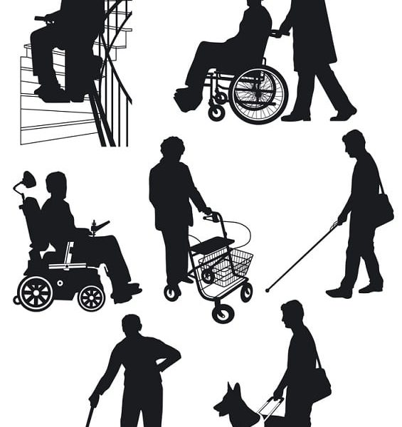 Silhouettes of individuals with disabilities and assistive devices.