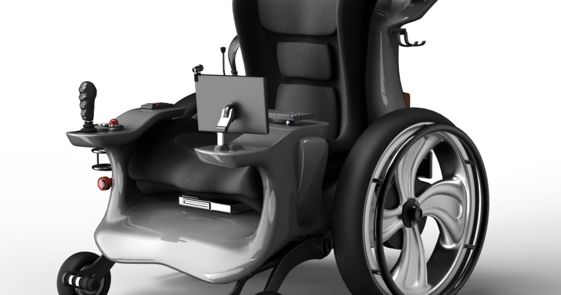 High-tech wheelchair with advanced control system and ergonomic design.