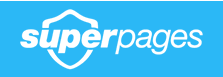 Logo of superpages on a blue background.