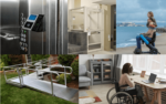 A collage showcasing various accessibility features, including a refrigerator with a home assistant, a walk-in shower, a wheelchair-accessible beach walkway, and an adapted workstation.