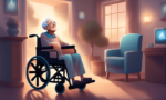 An image of an old man sitting on the wheelchair inside the house.